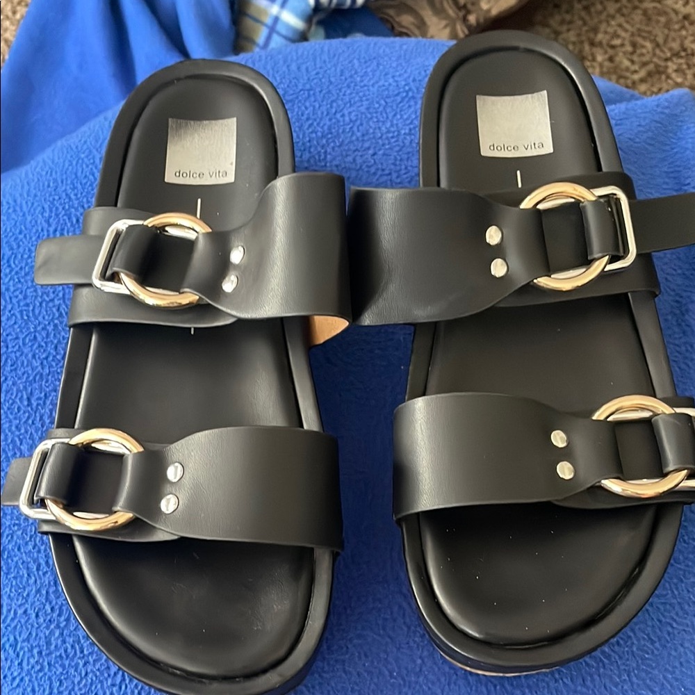 Dolce Vita Black Slides with Gold and Silver Accents
